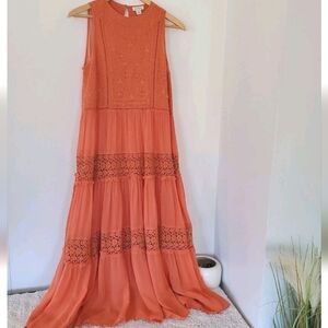 SUNDANCE XS YASMINA Ruffle Tiered Chiffon Boho Embroidery Midi Dress Orange